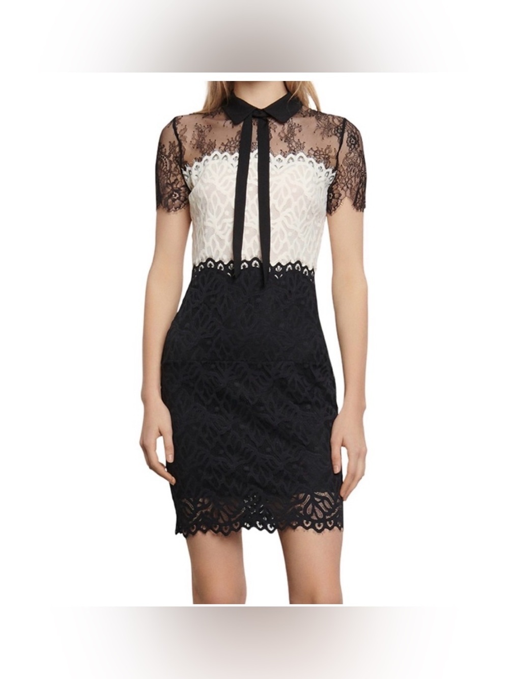 Sandro Black and White Lace Tie-Neck Mini Dress NWT US 8 FR 40